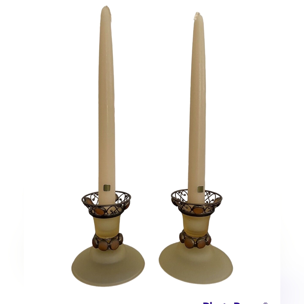Retired PartyLite Paris Retro Amber Frosted Filigree Candlestick Pillar Holders